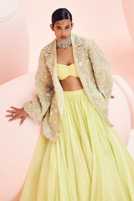 Shop_Bhumika Sharma_Green Organza, Net Embroidery Open , Sweetheart Jacket With Lehenga Set _Online_at_Aza_Fashions