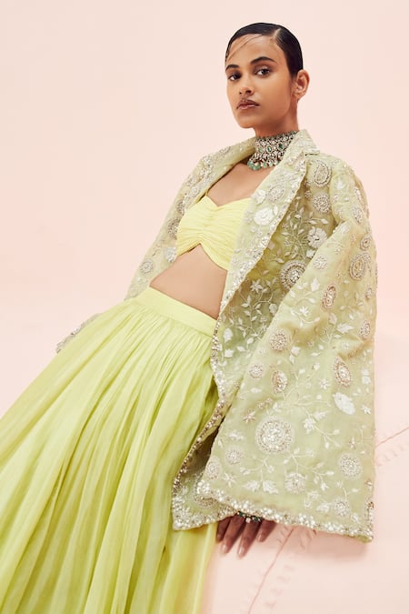 Bhumika Sharma_Green Organza, Net Embroidery Open , Sweetheart Jacket With Lehenga Set _at_Aza_Fashions