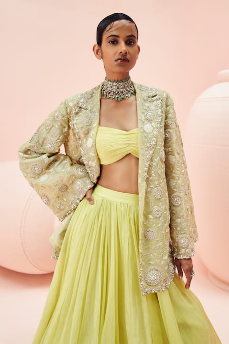 Buy_Bhumika Sharma_Green Organza, Net Embroidery Open , Sweetheart Jacket With Lehenga Set 