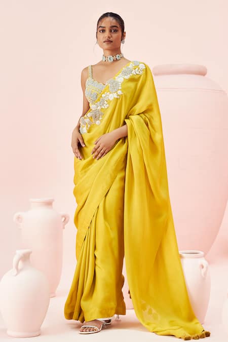 Bhumika Sharma Yellow Georgette Embroidered Paisley Scallop Daisy Saree With Blouse 