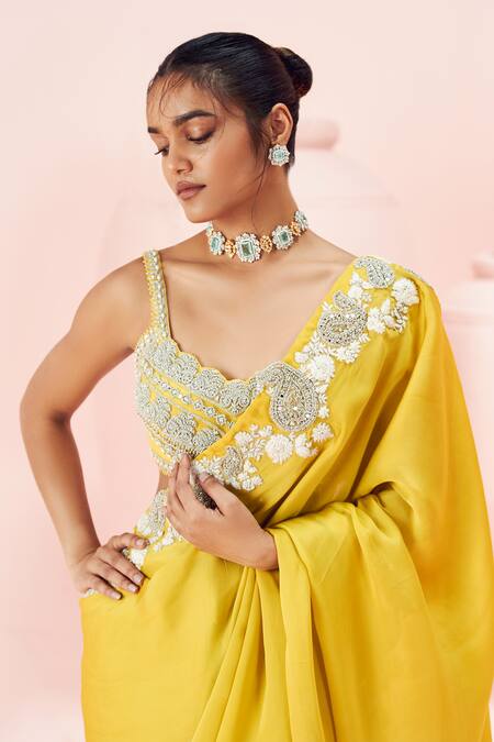 Bhumika Sharma Yellow Georgette, Net Embroidery Scoop Neck Daisy Paisley Saree With Blouse Online at Aza Fashions Bhumika Sharma_Yellow Georgette, Net Embroidery Scoop Neck Daisy Paisley Saree With Blouse _Online_at_Aza_Fashions