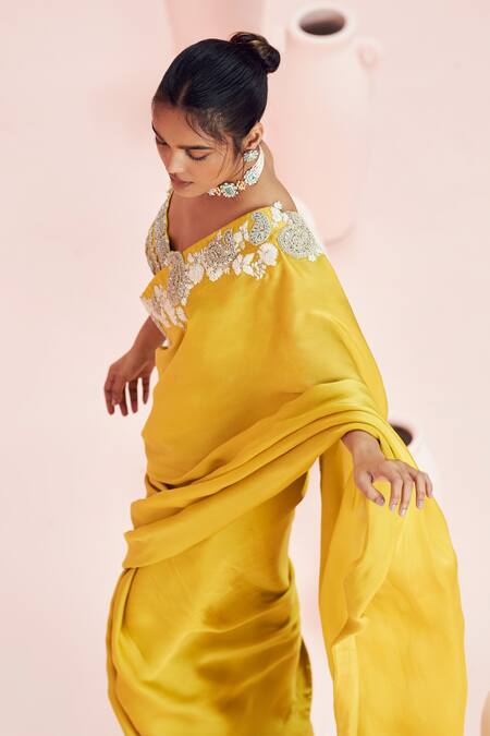 Buy Bhumika Sharma Yellow Georgette, Net Embroidery Scoop Neck Daisy Paisley Saree With Blouse Online at Aza Fashions Buy_Bhumika Sharma_Yellow Georgette, Net Embroidery Scoop Neck Daisy Paisley Saree With Blouse _Online_at_Aza_Fashions