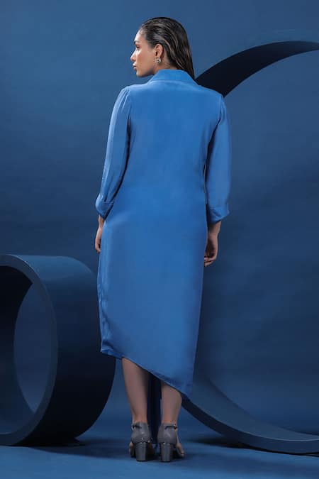 Shop Coeur Blue Pure Natural Crepe Hand Embroidered Dala Horse Collared Drape Dress at Aza Fashions Shop_Coeur_Blue Pure Natural Crepe Hand Embroidered Dala Horse Collared Drape Dress _at_Aza_Fashions