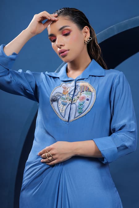 Buy Coeur Blue Pure Natural Crepe Hand Embroidered Dala Horse Collared Drape Dress Online at Aza Fashions Buy_Coeur_Blue Pure Natural Crepe Hand Embroidered Dala Horse Collared Drape Dress _Online_at_Aza_Fashions