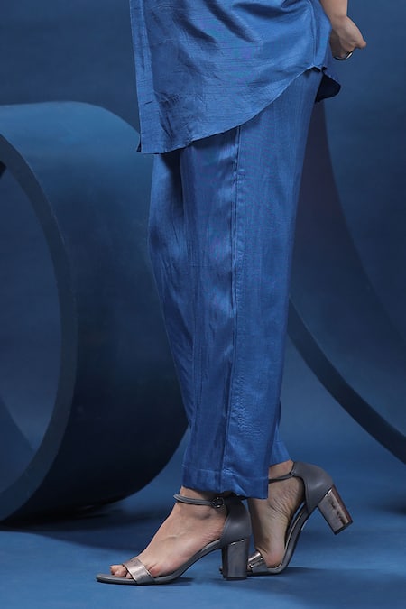 Coeur Blue Pure Raw Silk Hand Embroidered Dala Horse Collared Shirt With Pant Online at Aza Fashions Coeur_Blue Pure Raw Silk Hand Embroidered Dala Horse Collared Shirt With Pant _Online_at_Aza_Fashions