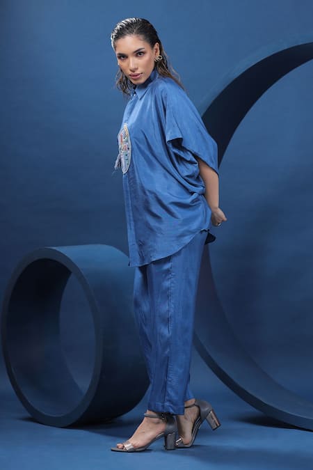 Buy Coeur Blue Pure Raw Silk Hand Embroidered Dala Horse Collared Shirt With Pant Online at Aza Fashions Buy_Coeur_Blue Pure Raw Silk Hand Embroidered Dala Horse Collared Shirt With Pant _Online_at_Aza_Fashions