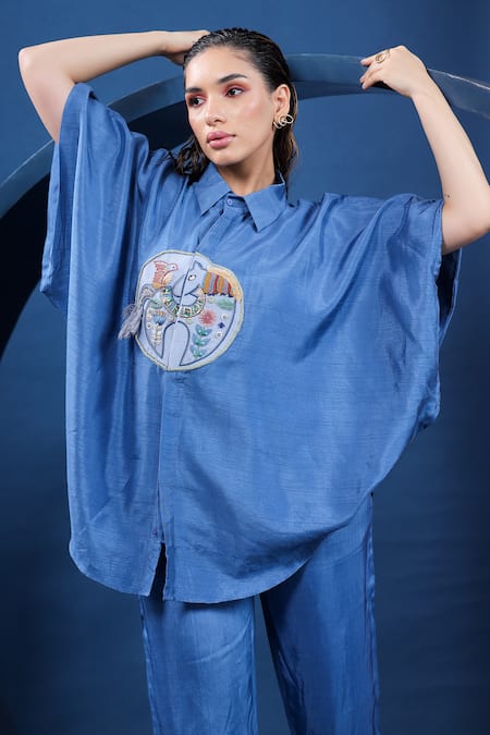 Shop Coeur Blue Pure Raw Silk Hand Embroidered Dala Horse Collared Shirt With Pant Online at Aza Fashions Shop_Coeur_Blue Pure Raw Silk Hand Embroidered Dala Horse Collared Shirt With Pant _Online_at_Aza_Fashions