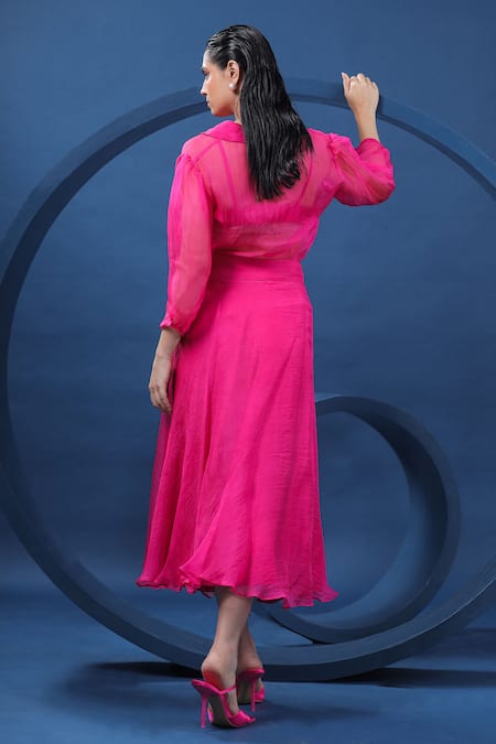 Shop Coeur Pink 38g Pure Organza Silk Hand Embroidered Dala Horse Collared Skirt With Shirt at Aza Fashions Shop_Coeur_Pink 38g Pure Organza Silk Hand Embroidered Dala Horse Collared Skirt With Shirt _at_Aza_Fashions