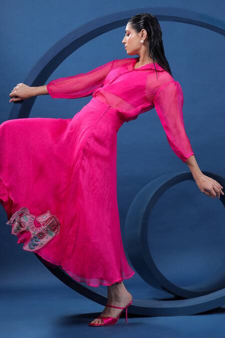 Coeur Pink 38g Pure Organza Silk Hand Embroidered Dala Horse Collared Skirt With Shirt Online at Aza Fashions Coeur_Pink 38g Pure Organza Silk Hand Embroidered Dala Horse Collared Skirt With Shirt _Online_at_Aza_Fashions