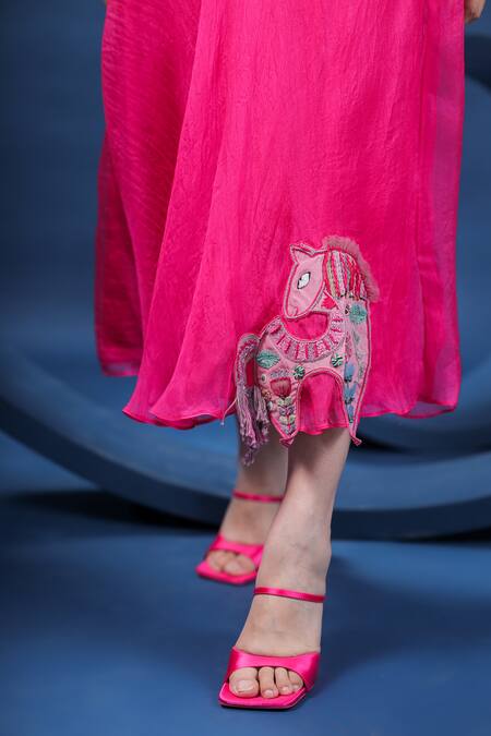 Buy Coeur Pink 38g Pure Organza Silk Hand Embroidered Dala Horse Collared Skirt With Shirt Online at Aza Fashions Buy_Coeur_Pink 38g Pure Organza Silk Hand Embroidered Dala Horse Collared Skirt With Shirt _Online_at_Aza_Fashions