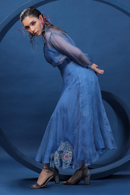 Shop Coeur Blue 38g Pure Organza Silk Hand Embroidered Dala Horse Skirt And Shirt Set at Aza Fashions Shop_Coeur_Blue 38g Pure Organza Silk Hand Embroidered Dala Horse Skirt And Shirt Set _at_Aza_Fashions