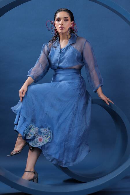 Coeur Blue 38g Pure Organza Silk Hand Embroidered Dala Horse Skirt And Shirt Set Online at Aza Fashions Coeur_Blue 38g Pure Organza Silk Hand Embroidered Dala Horse Skirt And Shirt Set _Online_at_Aza_Fashions