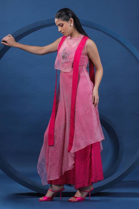 Coeur_Pink Shirt 38g Pure Organza Silk Hand Embroidered Rosemaling Kurta With Palazzo _Online_at_Aza_Fashions