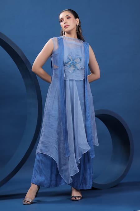 Coeur Blue Shirt 38g Pure Organza Silk Hand Embroidered Kurta And Palazzo Set 