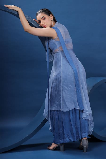 Shop_Coeur_Blue Shirt 38g Pure Organza Silk Hand Embroidered Kurta And Palazzo Set _Online_at_Aza_Fashions