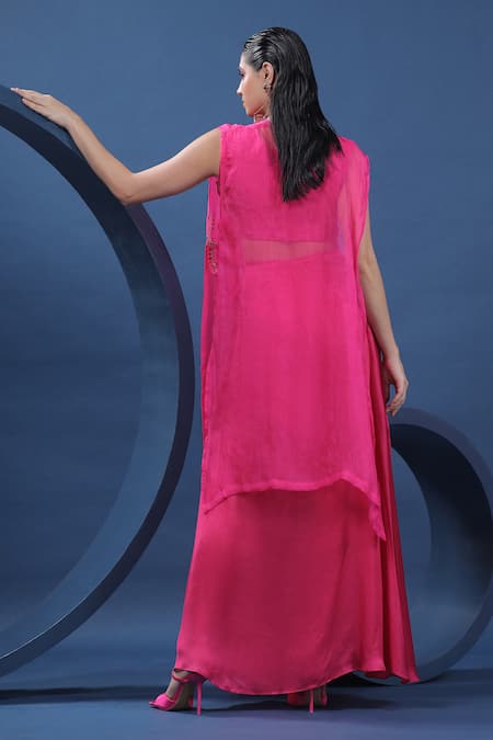 Shop Coeur Pink Silk, Organza Embroidery Round Neck Lagom Hand Cape With Skirt Set at Aza Fashions Shop_Coeur_Pink Silk, Organza Embroidery Round Neck Lagom Hand Cape With Skirt Set _at_Aza_Fashions