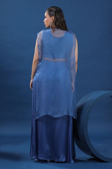 Shop Coeur Blue Silk, Organza, Satin Embroidery Round Neck, Lagom Hand Cape And Skirt Set at Aza Fashions Shop_Coeur_Blue Silk, Organza, Satin Embroidery Round Neck, Lagom Hand Cape And Skirt Set _at_Aza_Fashions