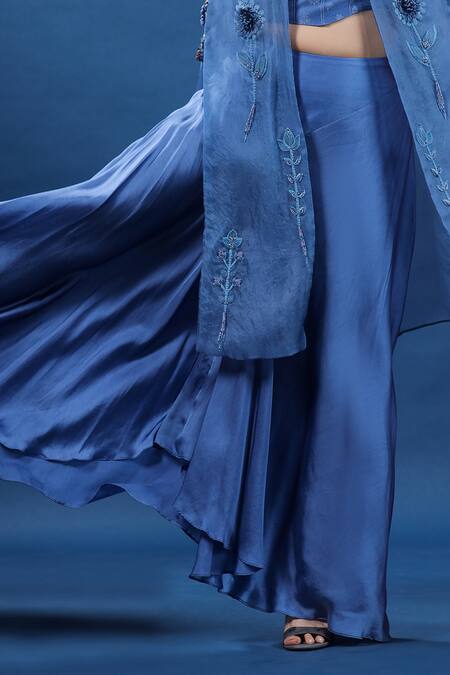 Coeur Blue Silk, Organza, Satin Embroidery Round Neck, Lagom Hand Cape And Skirt Set Online at Aza Fashions Coeur_Blue Silk, Organza, Satin Embroidery Round Neck, Lagom Hand Cape And Skirt Set _Online_at_Aza_Fashions