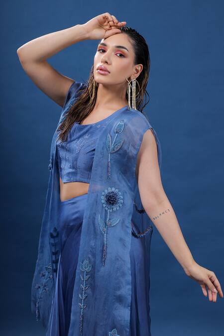 Buy Coeur Blue Silk, Organza, Satin Embroidery Round Neck, Lagom Hand Cape And Skirt Set Online at Aza Fashions Buy_Coeur_Blue Silk, Organza, Satin Embroidery Round Neck, Lagom Hand Cape And Skirt Set _Online_at_Aza_Fashions