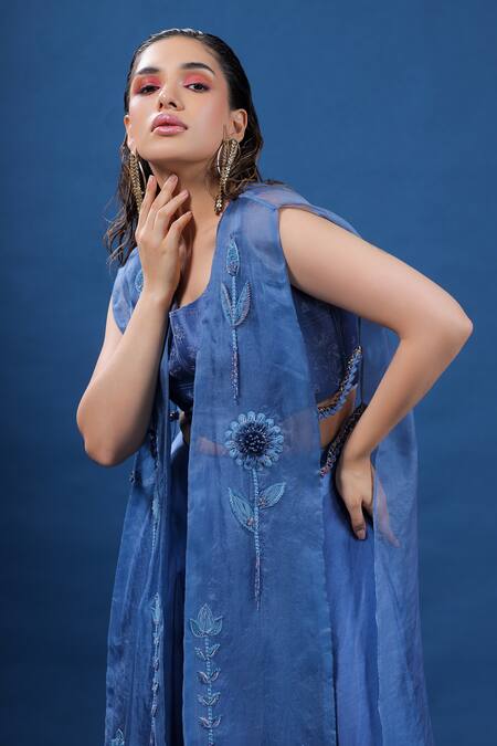 Shop Coeur Blue Silk, Organza, Satin Embroidery Round Neck, Lagom Hand Cape And Skirt Set Online at Aza Fashions Shop_Coeur_Blue Silk, Organza, Satin Embroidery Round Neck, Lagom Hand Cape And Skirt Set _Online_at_Aza_Fashions