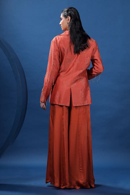 Shop Coeur Red Blazer Pure Silk Hand Embroidered Kurbit Bustier Sweetheart Pant Set at Aza Fashions Shop_Coeur_Red Blazer Pure Silk Hand Embroidered Kurbit Bustier Sweetheart Pant Set _at_Aza_Fashions