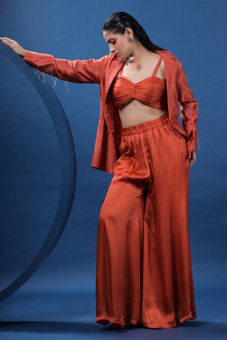 Shop Coeur Red Blazer Pure Silk Hand Embroidered Kurbit Bustier Sweetheart Pant Set Online at Aza Fashions Shop_Coeur_Red Blazer Pure Silk Hand Embroidered Kurbit Bustier Sweetheart Pant Set _Online_at_Aza_Fashions
