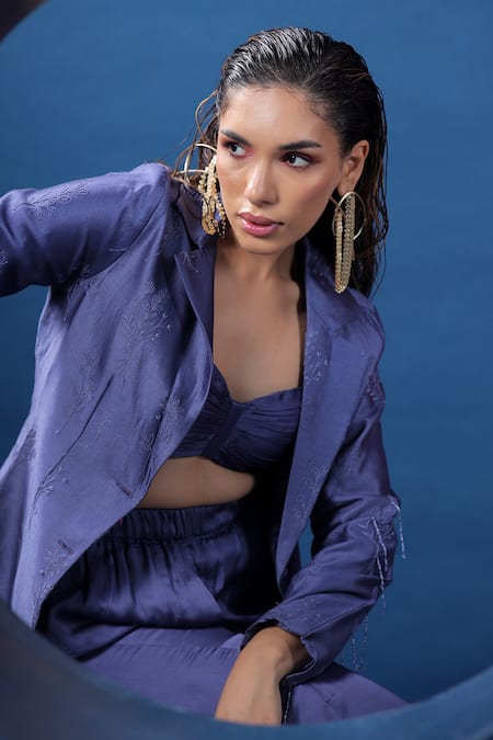 Buy Coeur Purple Blazer Pure Silk Hand Embroidered Kurbit Bustier Sweetheart Pant Set Online at Aza Fashions Buy_Coeur_Purple Blazer Pure Silk Hand Embroidered Kurbit Bustier Sweetheart Pant Set _Online_at_Aza_Fashions