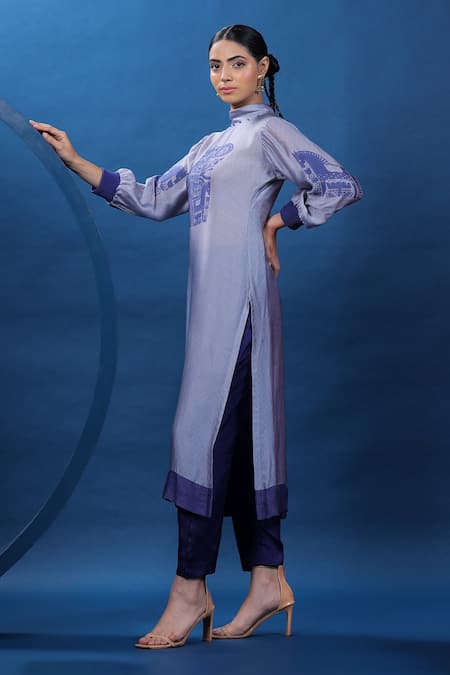 Coeur Purple Kurta Organza Satin Embroidery Beads High Neck Nordic Print With Pant 