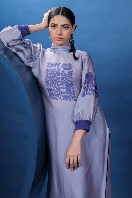 Coeur_Purple Organza, Satin, Bamboo, Silk Beads, Nordic Print Kurta With Pant _Online_at_Aza_Fashions