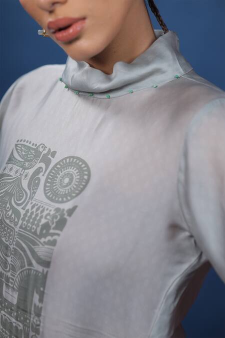 Buy_Coeur_Green Kurta Organza Satin Embroidery Beads Nordic Print Straight With Pant _Online_at_Aza_Fashions