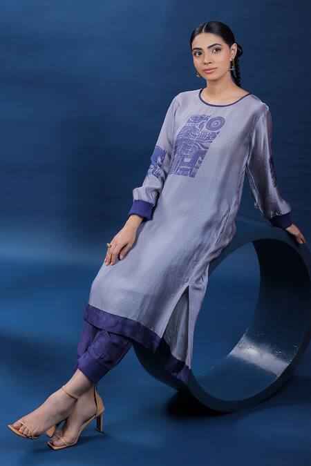 Coeur_Purple Kurta Organza Satin Print Nordic Round High Low With Pant _at_Aza_Fashions