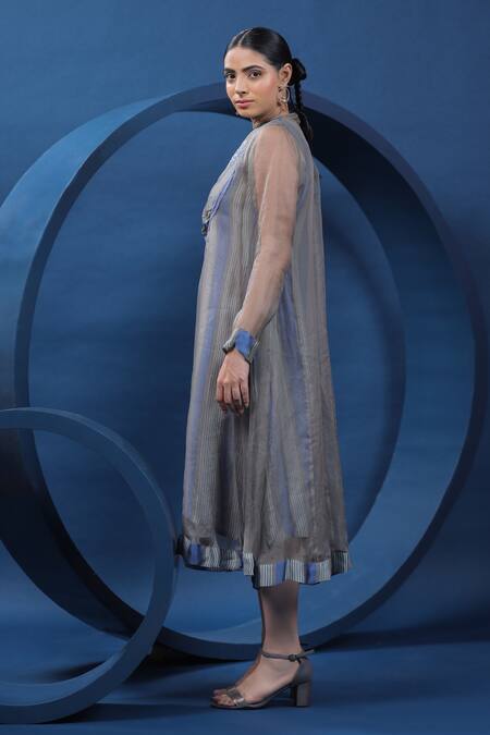 Coeur Blue Dress Organza Silk Print Folk Band Collar Swedish Yoke Online at Aza Fashions Coeur_Blue Dress Organza Silk Print Folk Band Collar Swedish Yoke _Online_at_Aza_Fashions