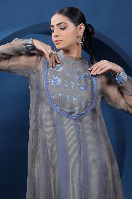 Buy Coeur Blue Dress Organza Silk Print Folk Band Collar Swedish Yoke Online at Aza Fashions Buy_Coeur_Blue Dress Organza Silk Print Folk Band Collar Swedish Yoke _Online_at_Aza_Fashions