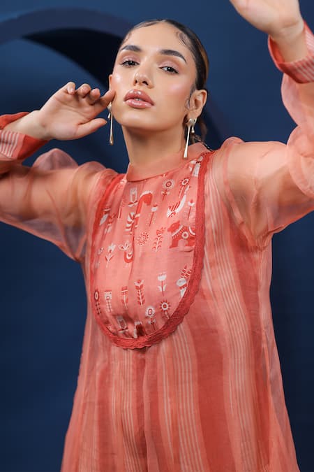 Coeur_Red Dress Organza Silk Print Folk Band Collar Swedish Stripe Yoke _Online_at_Aza_Fashions