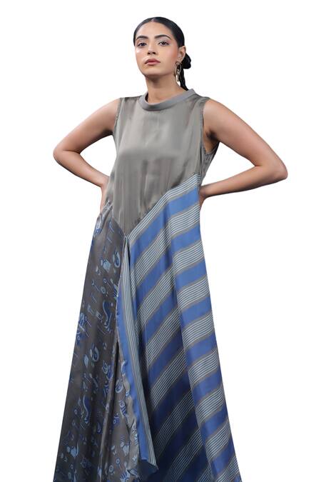 Coeur Blue Organza, Satin Embroidery Bandeau Neck Dual Print Asymmetric Dress Online at Aza Fashions Coeur_Blue Organza, Satin Embroidery Bandeau Neck Dual Print Asymmetric Dress _Online_at_Aza_Fashions