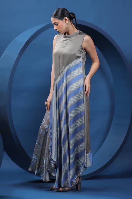 Buy Coeur Blue Organza, Satin Embroidery Bandeau Neck Dual Print Asymmetric Dress Online at Aza Fashions Buy_Coeur_Blue Organza, Satin Embroidery Bandeau Neck Dual Print Asymmetric Dress _Online_at_Aza_Fashions