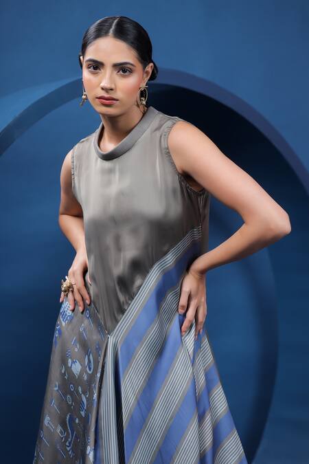 Shop Coeur Blue Organza, Satin Embroidery Bandeau Neck Dual Print Asymmetric Dress Online at Aza Fashions Shop_Coeur_Blue Organza, Satin Embroidery Bandeau Neck Dual Print Asymmetric Dress _Online_at_Aza_Fashions