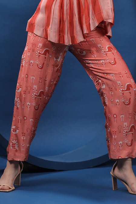 Coeur_Red Satin Boat Neck Vertical Stripe Print Top With Pant _Online_at_Aza_Fashions