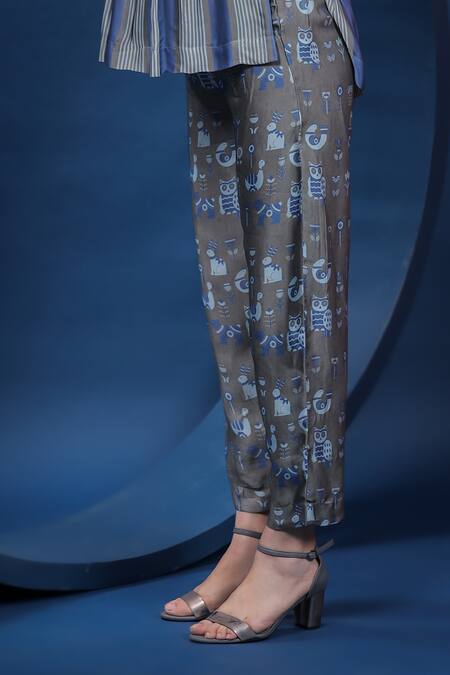 Buy_Coeur_Blue Organza, Satin Boat Neck Vertical Stripe Print Top And Pant Set _Online_at_Aza_Fashions