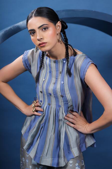 Shop_Coeur_Blue Organza, Satin Boat Neck Vertical Stripe Print Top And Pant Set _Online_at_Aza_Fashions