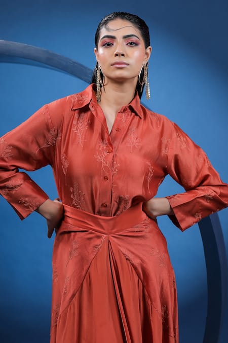 Coeur Red Silk, Crepe Embroidery Collared Floral Shirt With Draped Skirt Online at Aza Fashions Coeur_Red Silk, Crepe Embroidery Collared Floral Shirt With Draped Skirt _Online_at_Aza_Fashions