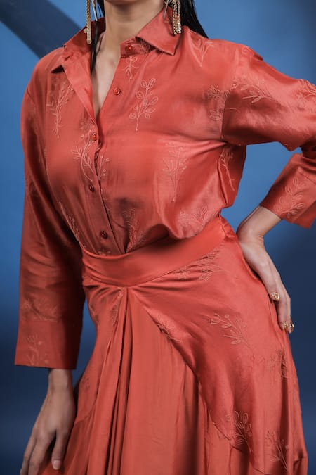 Buy Coeur Red Silk, Crepe Embroidery Collared Floral Shirt With Draped Skirt Online at Aza Fashions Buy_Coeur_Red Silk, Crepe Embroidery Collared Floral Shirt With Draped Skirt _Online_at_Aza_Fashions