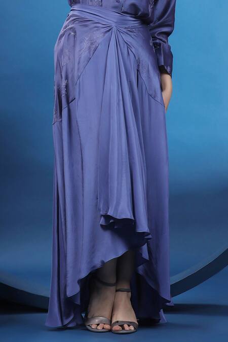 Coeur Purple Silk, Crepe Embroidery Collared Shirt With Asymmetric Draped Skirt Online at Aza Fashions Coeur_Purple Silk, Crepe Embroidery Collared Shirt With Asymmetric Draped Skirt _Online_at_Aza_Fashions