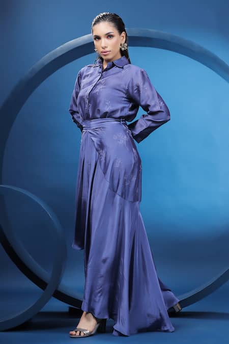 Buy Coeur Purple Silk, Crepe Embroidery Collared Shirt With Asymmetric Draped Skirt Online at Aza Fashions Buy_Coeur_Purple Silk, Crepe Embroidery Collared Shirt With Asymmetric Draped Skirt _Online_at_Aza_Fashions