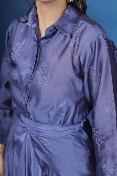Shop Coeur Purple Silk, Crepe Embroidery Collared Shirt With Asymmetric Draped Skirt Online at Aza Fashions Shop_Coeur_Purple Silk, Crepe Embroidery Collared Shirt With Asymmetric Draped Skirt _Online_at_Aza_Fashions