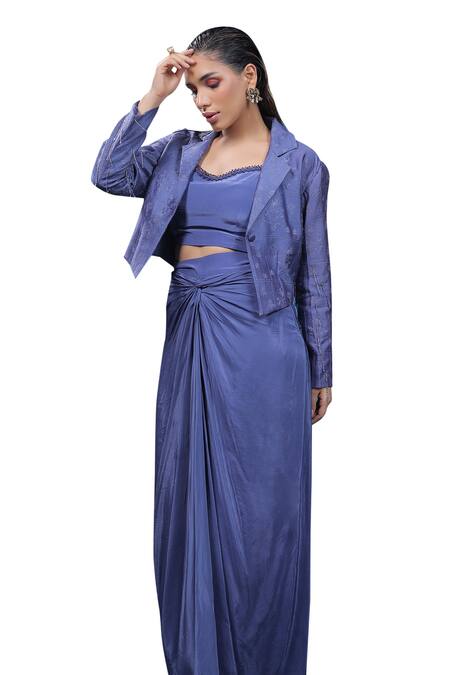 Coeur_Purple Crepe, Silk Embroidery, Tassels Draped Skirt Set With Crop Blazer _Online_at_Aza_Fashions
