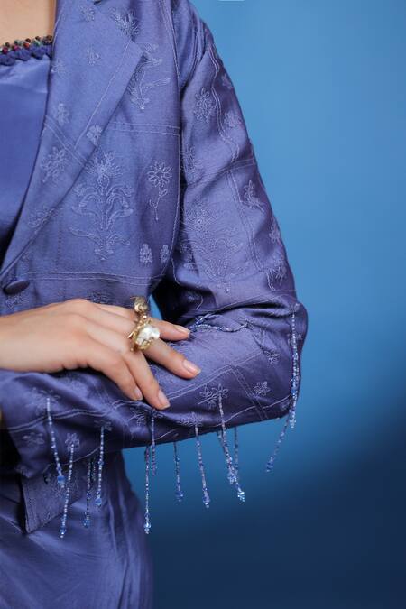 Shop_Coeur_Purple Crepe, Silk Embroidery, Tassels Draped Skirt Set With Crop Blazer _Online_at_Aza_Fashions