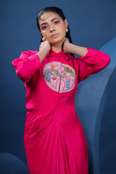 Coeur Fuchsia Crepe Embroidery Collared Hand Shirt Dress Online at Aza Fashions Coeur_Fuchsia Crepe Embroidery Collared Hand Shirt Dress _Online_at_Aza_Fashions