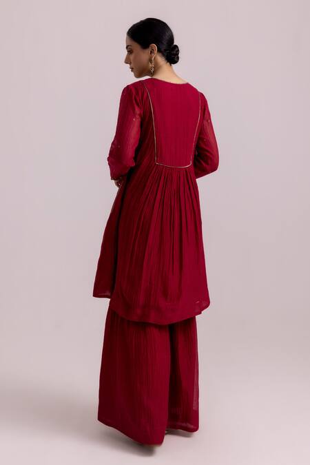 Shop_Label Shreya Sharma_Red Chanderi, Cotton, Organza Sequins Embroidered Gathered Kurta Sharara Set _at_Aza_Fashions