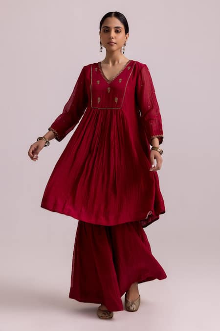 Label Shreya Sharma_Red Chanderi, Cotton, Organza Sequins Embroidered Gathered Kurta Sharara Set _Online_at_Aza_Fashions